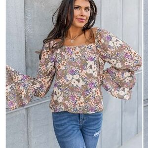 Peach Love California Floral Ruffle Sleeve Blouse